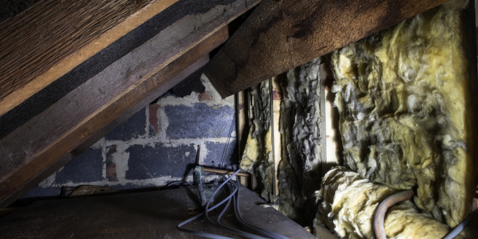 old insulation in attic of house