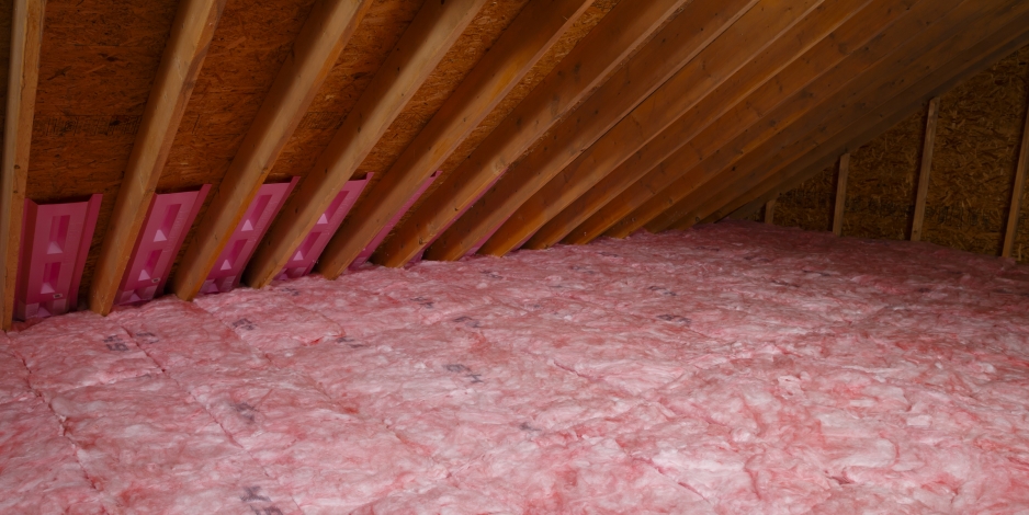 Image of batt insulation installed in an attic with rafter vents installed