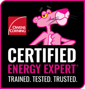 A close-up of the Owens Corning Certified Energy Expert badge, featuring the Pink Panther mascot and the text "CERTIFIED ENERGY EXPERT," "TRAINED. TESTED. TRUSTED." This image serves as a visual representation of the company's exclusive certification.