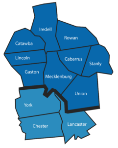 Map of the Standard Insulation Company insulation service area covering the Metrolina region in North and South Carolina.