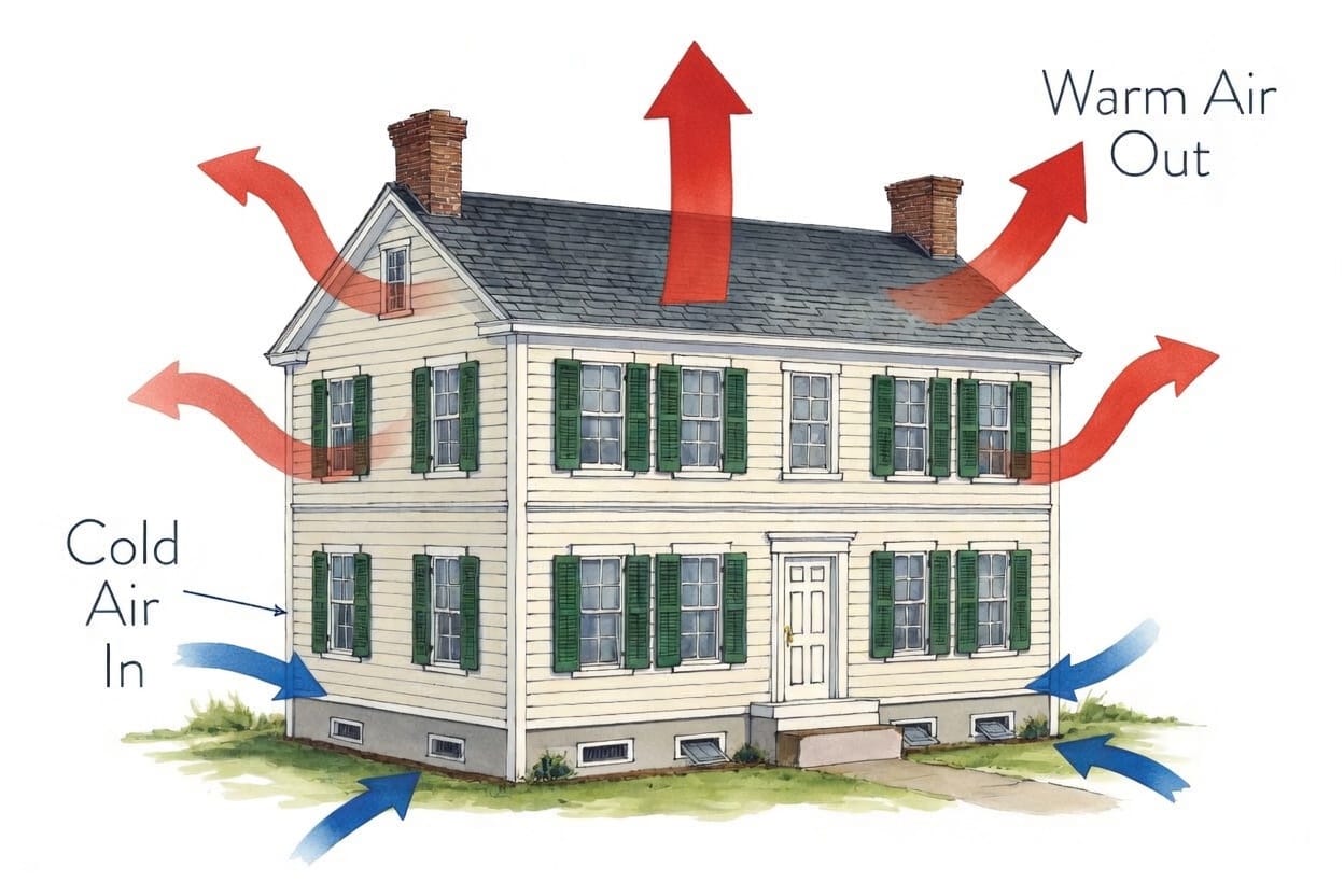 Stack effect diagram: cold air enters low, warm air exits through the attic